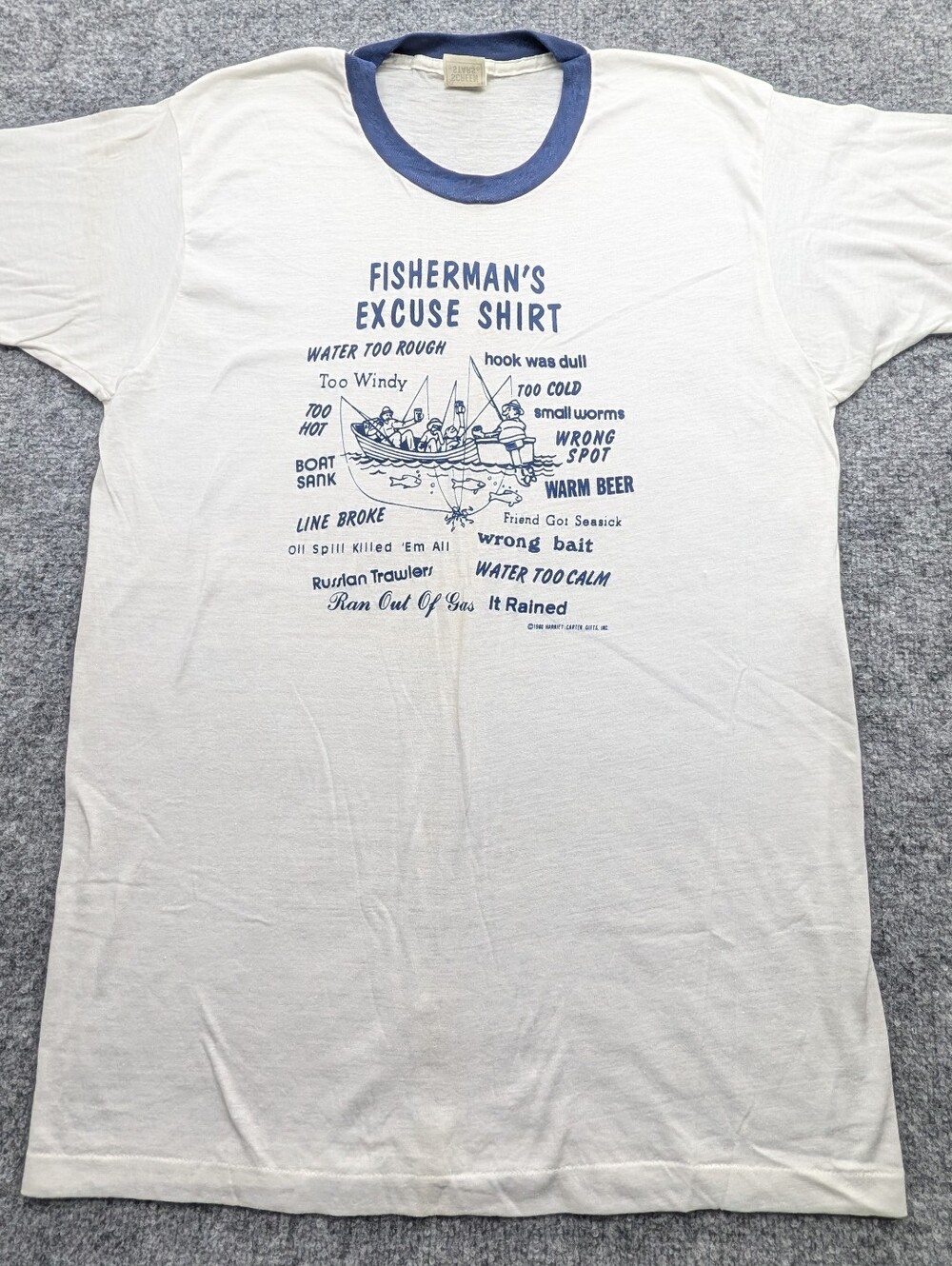 Screen Stars Fisherman's Excuse Men's XL T-Shirt Ringer 50/50 Thin Material Vtg